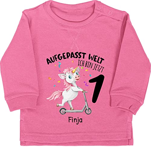 Baby Pullover Jungen Mädchen - 1. Geburtstag - Aufgepasst Welt - Ich Bin jetzt 1 - Geburtstagsoutfit Einhorn Ich Bin 1 Geschenk 1 Jahr Erste Ersten Geschenkideen Namen - 12/18 Monate - Pink von Geschenk mit Namen personalisiert by Shirtracer