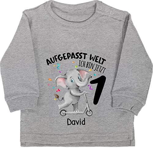 Baby Pullover Jungen Mädchen - 1. Geburtstag - Ich Bin jetzt 1 - Aufgepasst Welt - 12/18 Monate - Grau meliert - Babykleidung Geburtstags Jahr one Birthday Pass auf personalisierter von Geschenk mit Namen personalisiert by Shirtracer