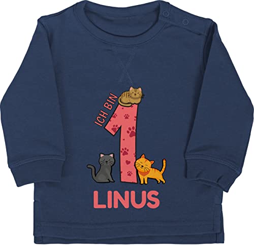 Baby Pullover Jungen Mädchen - 1. Geburtstag - Ich bin 1 - Name und lustige Katzen Bilder zum Ersten - 12/18 Monate - Navy Blau - für einjährigen mein erster erstes one geburtstags von Geschenk mit Namen personalisiert by Shirtracer