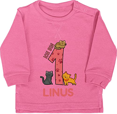 Baby Pullover Jungen Mädchen - 1. Geburtstag - Ich bin 1 - Name und lustige Katzen Bilder zum Ersten - 12/18 Monate - Pink - geschenke für 1jahrige einjährigen ehretag 1jahriger 1-jährigen von Geschenk mit Namen personalisiert by Shirtracer