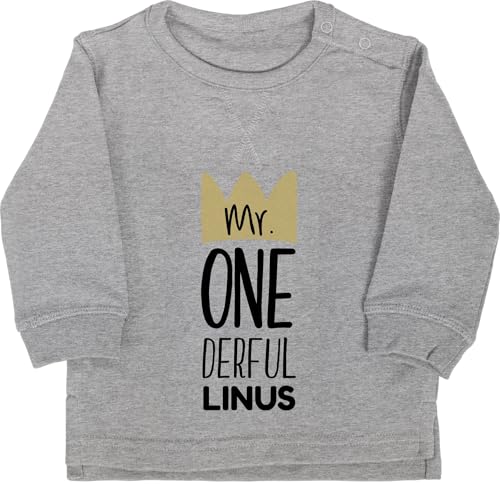 Baby Pullover Jungen Mädchen - 1. Geburtstag - Mr Onederful - zum Ersten mit Wunsch Name - 12/18 Monate - Grau meliert - ich Bin Schon 1 one Birthday erstes Jahr 1geburtstag einjährige von Geschenk mit Namen personalisiert by Shirtracer