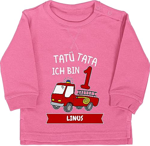 Baby Pullover Jungen Mädchen - 1. Geburtstag - Tatü Tata Ich bin 1 - Tatütata ich werde 1 Feuerwehrauto ist da - 12/18 Monate - Pink - one year birthday geschenke für 1-jährige von Geschenk mit Namen personalisiert by Shirtracer