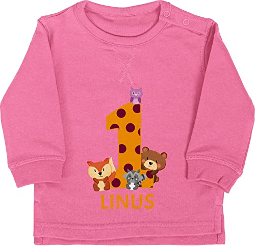 Baby Pullover Jungen Mädchen - 1. Geburtstag - Waldtiere - 1 Jahr - 12/18 Monate - Pink - one year birthday junge pulli 1geburtstag name einjährige geschenke für 1-jährige einjährigen ehretag von Geschenk mit Namen personalisiert by Shirtracer