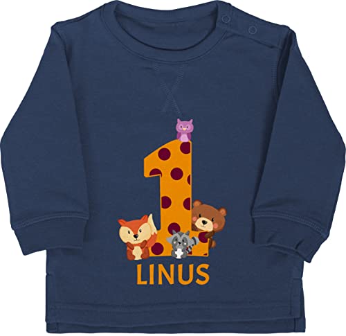 Baby Pullover Jungen Mädchen - 1. Geburtstag - Waldtiere - 1 Jahr - 18/24 Monate - Navy Blau - ich bin alt 1ter kindergeburtstag jahre schon mein name erstes geburstags für einjährigen birthday von Geschenk mit Namen personalisiert by Shirtracer