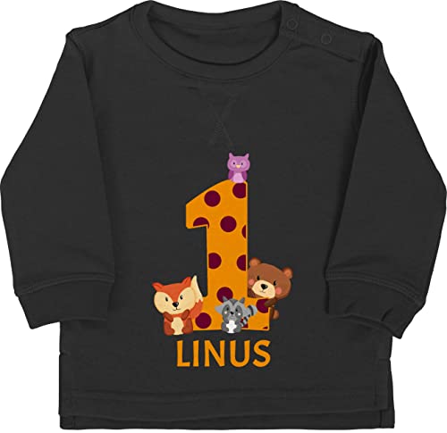 Baby Pullover Jungen Mädchen - 1. Geburtstag - Waldtiere - 1 Jahr - 18/24 Monate - Schwarz - kindergeburtstag jahre geschenke ab name für jährige zum birthday gift for year andenken jähriger von Geschenk mit Namen personalisiert by Shirtracer