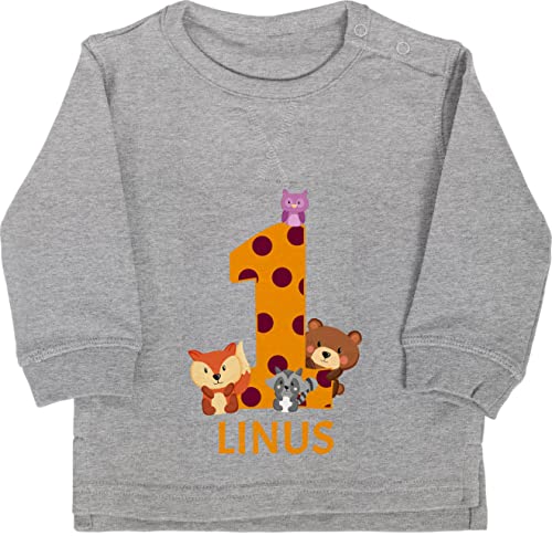 Baby Pullover Jungen Mädchen - 1. Geburtstag - Waldtiere - 1 Jahr - 12/18 Monate - Grau meliert - geschenke für 1jahrige junge 1.geburtstag name zum einjährigen ehretag 1jahriger 1-jährigen von Geschenk mit Namen personalisiert by Shirtracer