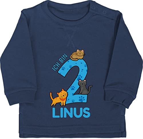 Baby Pullover Jungen Mädchen - 2. Geburtstag - Ich Bin 2 - Name und lustige Katzen Bilder zum Zweiten - 18/24 Monate - Navy Blau - Zwei Jahre jetzt Sweatshirt personalisierter Years Langarm Mein von Geschenk mit Namen personalisiert by Shirtracer