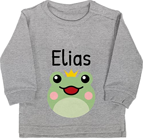 Baby Pullover Jungen Mädchen - Name anpassbar - Süßer Frosch - 6/12 Monate - Grau meliert - personalisiertes Sweatshirt Kinder personalisierte Geschenke frösche Kindergarten von Geschenk mit Namen personalisiert by Shirtracer