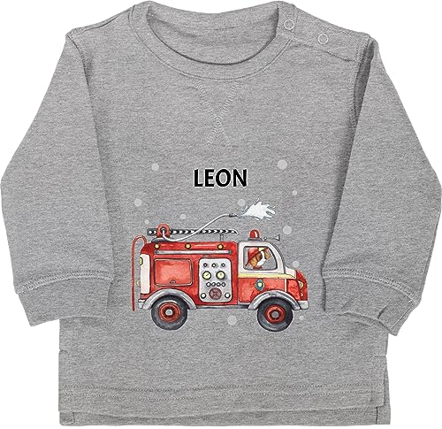 Baby Pullover Jungen Mädchen - Feuerwehr Auto Feuerwehrauto 112 Fire Truck Löschfahrzeug - 12/18 Monate - Grau meliert - feuerwehrgeschenk Feuerwehrfrau Name für Kind Geschenke personalisiertes von Geschenk mit Namen personalisiert by Shirtracer