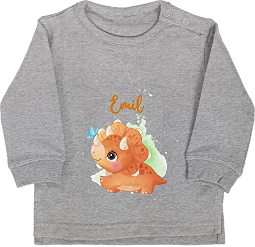 Baby Pullover Jungen Mädchen - Tiere - Saurier Dinosaurier Urzeittier Dinos Dino - 12/18 Monate - Grau meliert - Name und Tier Sweatshirt personalisierte Geschenke Personalized Tieren kleine für von Geschenk mit Namen personalisiert by Shirtracer