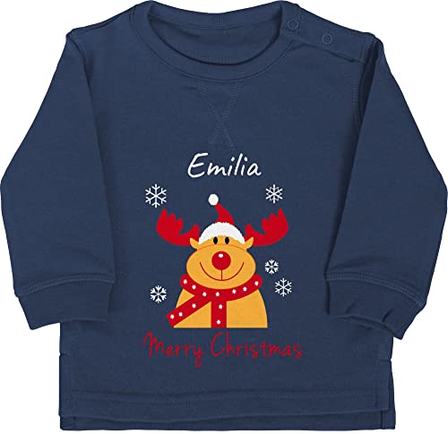 Baby Pullover Jungen Mädchen - Weihnachten Geschenke - Merry Christmas Rentier mit Wunschname - 12/18 Monate - Navy Blau - personalisiertes Weihnachts Sweatshirt weihnachtliches weinachts von Geschenk mit Namen personalisiert by Shirtracer