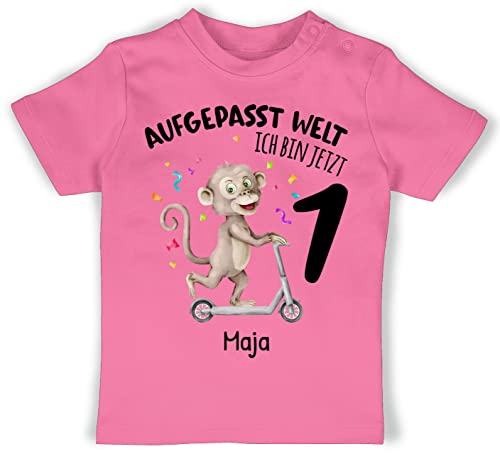 Baby T-Shirt Mädchen Jungen - 1. Geburtstag - Aufgepasst Welt - Ich Bin jetzt 1 - AFFE mit Name zum Ersten - 12/18 Monate - Pink - Shirt Jahr Outfit 1jahriger t geburstags von Geschenk mit Namen personalisiert by Shirtracer