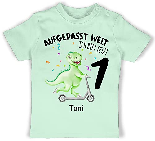 Baby T-Shirt Mädchen Jungen - Aufgepasst Welt Ich Bin jetzt 1 Dino I 1. Geburtstag Dinosaurier - 18/24 Monate - Mintgrün - Shirt geburtstagsshirt one 1.Geburtstag jährige Tshirt von Geschenk mit Namen personalisiert by Shirtracer