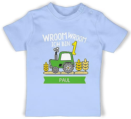 Baby T-Shirt Mädchen Jungen - 1. Geburtstag - Ich Bin 1 Traktor Trecker Ich werde 1 Bulldog - 12/18 Monate - Babyblau - für einjährigen Shirt erster t ersten Jahr Klamotten erste von Geschenk mit Namen personalisiert by Shirtracer