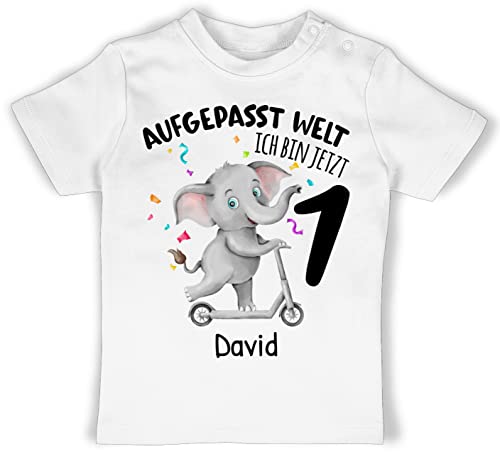 Baby T-Shirt Mädchen Jungen - 1. Geburtstag - Ich Bin jetzt 1 - Aufgepasst Welt - 18/24 Monate - Weiß - t Shirt erster Outfit geburtstagstshirt Junge ersten Jahr Klamotten erste für altes Tshirt von Geschenk mit Namen personalisiert by Shirtracer