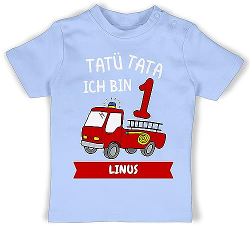 Baby T-Shirt Mädchen Jungen - 1. Geburtstag - Tatü Tata Ich Bin 1 - Tatütata ich werde 1 Feuerwehrauto ist da - 18/24 Monate - Babyblau - geburtstagsshirt one 1.Geburtstag Tshirt von Geschenk mit Namen personalisiert by Shirtracer