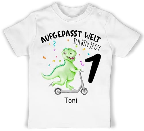 Baby T-Shirt Mädchen Jungen - Aufgepasst Welt Ich Bin jetzt 1 Dino I 1. Geburtstag Dinosaurier - 18/24 Monate - Weiß - Shirt geburtstagsshirt one 1.Geburtstag jährige Tshirt von Geschenk mit Namen personalisiert by Shirtracer