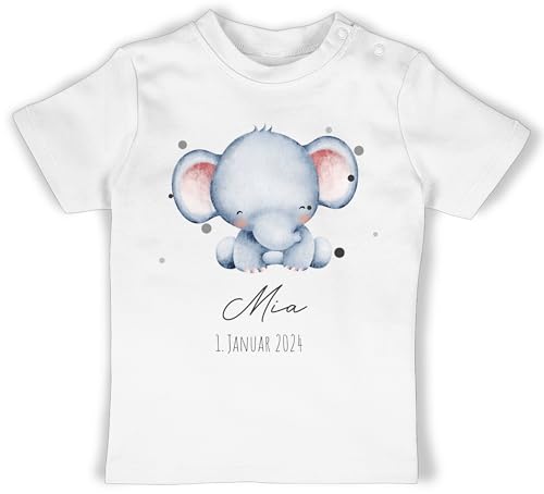 Baby T-Shirt Mädchen Jungen - Elefant mit Name und Datum - Geburtstag Geburt Tiermotiv Geschenk - 6/12 Monate - Weiß - elefantenmotiv t Shirt Elefanten Geschenke Elephant von Geschenk mit Namen personalisiert by Shirtracer