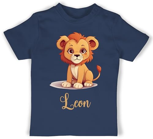 Baby T-Shirt Mädchen Jungen - Löwen - Löwe König der Tiere LEU mit Namen - Zootiere Tiermotiv - 6/12 Monate - Navy Blau - löwenmotiv Leon Tshirt Tier Name Shirt Lion t Leo Lions Loewen löwe. von Geschenk mit Namen personalisiert by Shirtracer