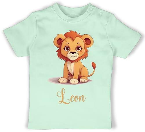 Baby T-Shirt Mädchen Jungen - Löwen - Löwe König der Tiere LEU mit Namen - Zootiere Tiermotiv - 3/6 Monate - Mintgrün - löwenmotiv Tier Lion Leo süßer und wunschtext personalisiertes Name von Geschenk mit Namen personalisiert by Shirtracer