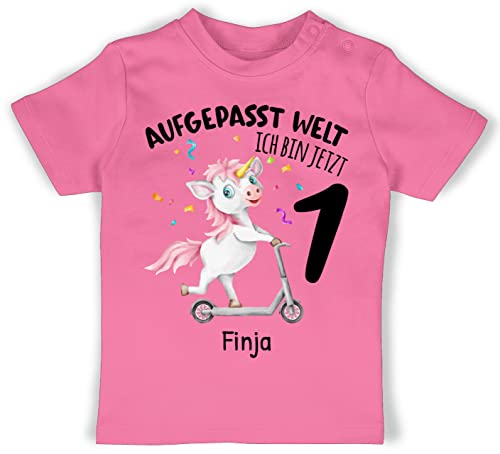 Baby T-Shirt Mädchen Jungen - 1. Geburtstag - Aufgepasst Welt - Ich Bin jetzt 1 - Geburtstagsoutfit Einhorn Ich Bin 1 Geschenk 1 Jahr Erste Ersten Geschenkideen Namen - 6/12 Monate - Pink von Geschenk mit Namen personalisiert by Shirtracer