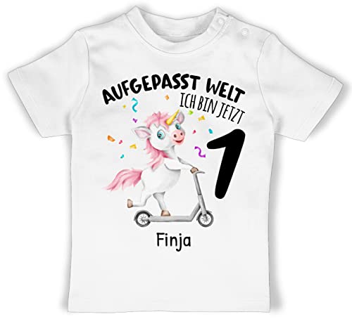 Baby T-Shirt Mädchen Jungen - 1. Geburtstag - Aufgepasst Welt - Ich Bin jetzt 1 - Geburtstagsoutfit Einhorn Ich Bin 1 Geschenk 1 Jahr Erste Ersten Geschenkideen Namen - 18/24 Monate - Weiß von Geschenk mit Namen personalisiert by Shirtracer