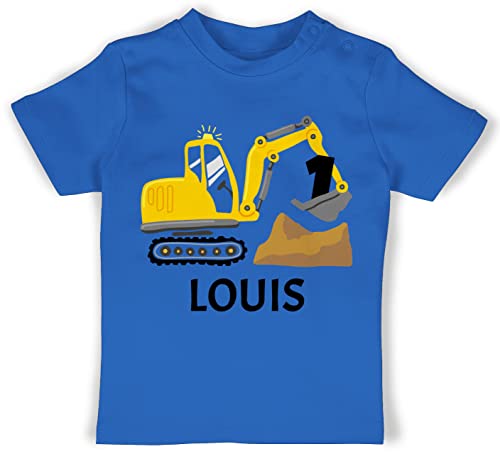 Baby T-Shirt Mädchen Jungen - 1. Geburtstag - Bagger mit Name zum Ersten - 12/18 Monate - Royalblau - geburtstagsshirt 1 Jahre 1.Geburtstag Junge Shirt First Birthday Girl Outfit eins Tshirt von Geschenk mit Namen personalisiert by Shirtracer