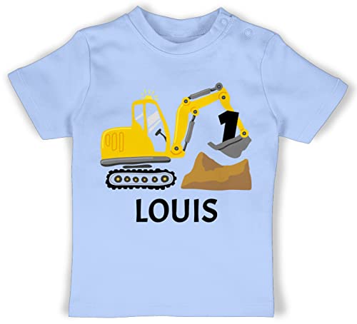 Baby T-Shirt Mädchen Jungen - 1. Geburtstag - Bagger mit Name zum Ersten - 18/24 Monate - Babyblau - 1 Kindergeburtstag Jahr jähriger Geburtstags erster personalisierte Happy Birthday Shirt von Geschenk mit Namen personalisiert by Shirtracer