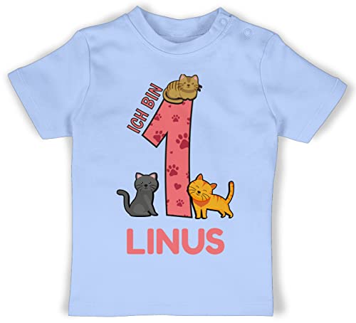 Baby T-Shirt Mädchen Jungen - 1. Geburtstag - Ich Bin 1 - Name und lustige Katzen Bilder zum Ersten - 12/18 Monate - Babyblau - Jahr Outfit Schon kinderkleidung ab jetzt geburtstagsshirt Junge von Geschenk mit Namen personalisiert by Shirtracer