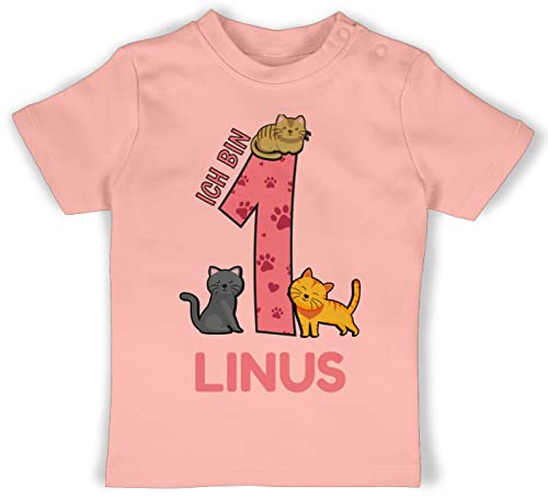 Baby T-Shirt Mädchen Jungen - 1. Geburtstag - Ich Bin 1 - Name und lustige Katzen Bilder zum Ersten - 12/18 Monate - Babyrosa - Mein erster Shirt erstes t one geburtstagsshirt Jahr Geburtstags von Geschenk mit Namen personalisiert by Shirtracer