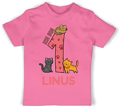 Baby T-Shirt Mädchen Jungen - 1. Geburtstag - Ich Bin 1 - Name und lustige Katzen Bilder zum Ersten - 12/18 Monate - Pink - Tshirt Geschenke für einjährigen t Shirt Jahr Geburtstags erster Mein von Geschenk mit Namen personalisiert by Shirtracer