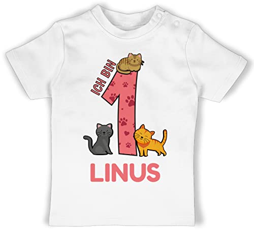 Baby T-Shirt Mädchen Jungen - 1. Geburtstag - Ich Bin 1 - Name und lustige Katzen Bilder zum Ersten - 12/18 Monate - Weiß - Jahr einjährigen t Shirt Outfit für 1-jährigen erster erste Klamotten von Geschenk mit Namen personalisiert by Shirtracer