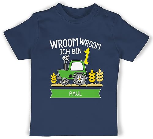 Baby T-Shirt Mädchen Jungen - 1. Geburtstag - Ich Bin 1 Traktor Trecker Ich werde 1 Bulldog - 12/18 Monate - Navy Blau - namens Junge geburtstagsshirt one 1.Geburtstag Jahr Tshirt von Geschenk mit Namen personalisiert by Shirtracer