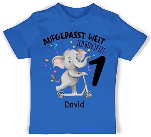 Baby T-Shirt Mädchen Jungen - 1. Geburtstag - Ich Bin jetzt 1 - Aufgepasst Welt - 6/12 Monate - Royalblau - 1st Birthday Outfit erstes Jahr Shirt geburtstagsshirt Junge erster 1geburtstag Tshirt von Geschenk mit Namen personalisiert by Shirtracer