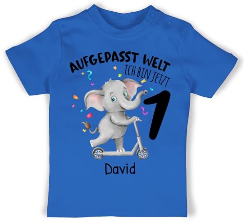 Baby T-Shirt Mädchen Jungen - 1. - Aufgepasst Welt ich Bin jetzt 1 Jahr alt I Erster Geburtstag - 6/12 Monate - Royalblau - First Birthday Boy Outfit geburtstagsshirt one 1.Geburtstag 1st Tshirt von Geschenk mit Namen personalisiert by Shirtracer