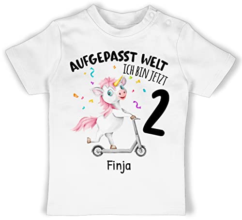 Baby T-Shirt Mädchen Jungen - 2. Geburtstag - Aufgepasst Welt - Ich Bin jetzt 2 - Einhorn mit Name zum Zweiten - 18/24 Monate - Weiß - Jahre t Shirt Tshirt personalisierter Years für von Geschenk mit Namen personalisiert by Shirtracer