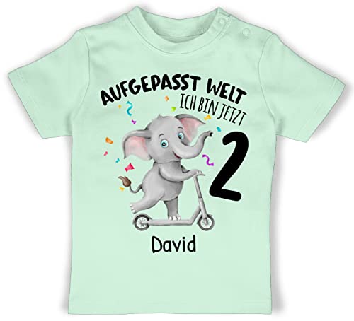 Baby T-Shirt Mädchen Jungen - 2. Geburtstag - Aufgepasst Welt - Ich Bin jetzt 2 - Elefant mit Name zum Zweiten - 18/24 Monate - Mintgrün - t Shirts Shirt geburtstagstshirt Junge Jahre Tshirts von Geschenk mit Namen personalisiert by Shirtracer