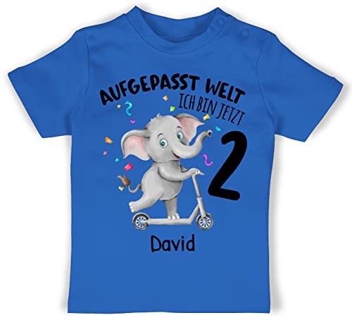 Baby T-Shirt Mädchen Jungen - 2. Geburtstag - Aufgepasst Welt - Ich Bin jetzt 2 - Elefant mit Name zum Zweiten - 18/24 Monate - Royalblau - Years Tshirt Shirt Jahre Oberteil t Junge Geburtstags von Geschenk mit Namen personalisiert by Shirtracer