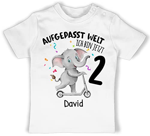 Baby T-Shirt Mädchen Jungen - 2. Geburtstag - Aufgepasst Welt - Ich Bin jetzt 2 - Elefant mit Name zum Zweiten - 18/24 Monate - Weiß - geburtstagsshirt Jahre personalisierter Years von Geschenk mit Namen personalisiert by Shirtracer