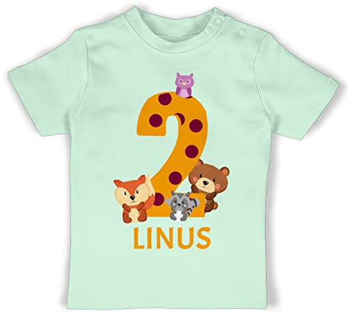 Baby T-Shirt Mädchen Jungen - 2. Geburtstag - Waldtiere - Bär Waschbär Fuchs Eule zum Zweiten - 18/24 Monate - Mintgrün - personalisierter 2 Years Jahre Shirt t Geburtstags Tshirt Name Outfit von Geschenk mit Namen personalisiert by Shirtracer