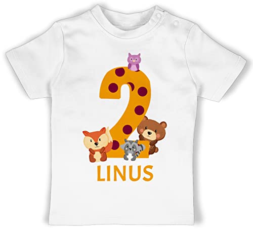 Baby T-Shirt Mädchen Jungen - 2. Geburtstag - Waldtiere - Bär Waschbär Fuchs Eule zum Zweiten - 18/24 Monate - Weiß - geburtstagsshirt 2 Jahre personalisiertes Zwei Name Tshirt Shirt t von Geschenk mit Namen personalisiert by Shirtracer