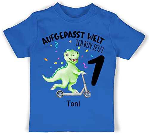 Baby T-Shirt Mädchen Jungen - 1. Geburtstag - Aufgepasst Welt - Ich Bin jetzt 1 - Dino Dinosaurier - 6/12 Monate - Royalblau - Tshirt für geburstags Outfit einjährigen ehretag t-Shirts von Geschenk mit Namen personalisiert by Shirtracer