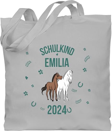 Baumwolltasche - Schulanfang Einschulung Turnbeutel - Schulkind 2024 - Name und Pferde - Unisize - Hellgrau - schulkinder taschen schultasche einschulung-schulkind pferd tasche schule schul pferden von Geschenk mit Namen personalisiert by Shirtracer