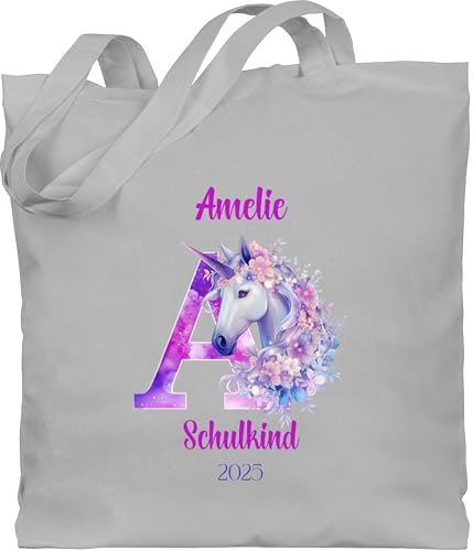 Baumwolltasche - Turnbeutel - Schulkind 2025 Einhorn Anfangsbuchstabe mit Name I Einschulung Geschenk Schulanfang Mädchen Geschenkidee Schuleintritt - Unisize - Hellgrau - schultasche erste klasse von Geschenk mit Namen personalisiert by Shirtracer