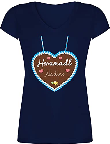 T-Shirt Damen V Ausschnitt - Kompatibel Oktoberfest - Herzmadl Lebkuchenherz - L - Dunkelblau - Oktoberfest-Outfits Trachten- lebkuchenherzen Shirt v-Ausschnitt trachtenshirt Volksfest Trachten von Geschenk mit Namen personalisiert by Shirtracer