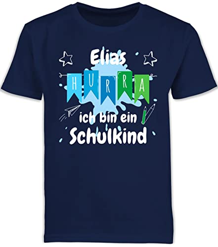 Kinder T-Shirt Jungen Schulanfang - Einschulung Junge - Hurra ich Bin EIN Schulkind - 116 (5/6 Jahre) - Navy Blau - Tshirt schulanfänger einschulungst-Shirt schulkinder Name kindershirts Shirt von Geschenk mit Namen personalisiert by Shirtracer