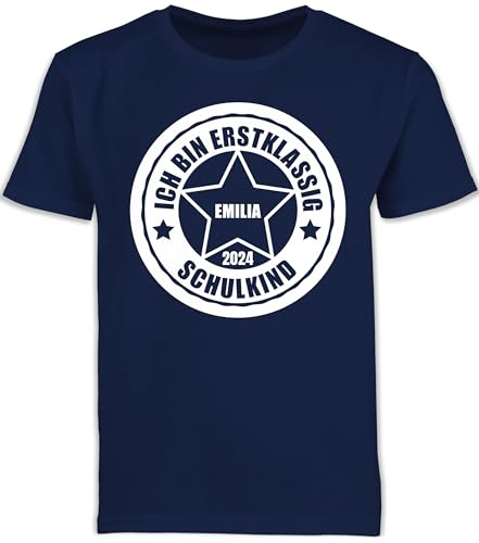 Kinder T-Shirt Jungen Schulanfang - Einschulung Junge - Ich Bin erstklassig 2024-128 (7/8 Jahre) - Navy Blau - bist 1. klasse Kindershirt Schulkind Tshirt einschulungsoutfit Kita Schule Stern von Geschenk mit Namen personalisiert by Shirtracer