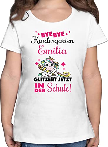 T-Shirt Mädchen - Einschulung - Bye Bye Kindergarten Glitzer Schule | Tschüss Kindergarten | Abschied Kita Goodbye - 140 (9/11 Jahre) - Weiß - Schulanfang Tshirt Einhorn Schulkind Shirt von Geschenk mit Namen personalisiert by Shirtracer