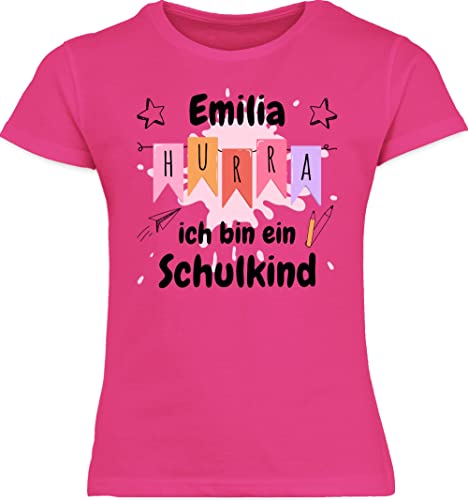 T-Shirt Mädchen - Einschulung - Hurra ich Bin EIN Schulkind - rosa oder hellblau - schwarz - 116 (5/6 Jahre) - Fuchsia - Geschenke zum Schulanfang First Day of School Tshirt schulanfänger Name von Geschenk mit Namen personalisiert by Shirtracer