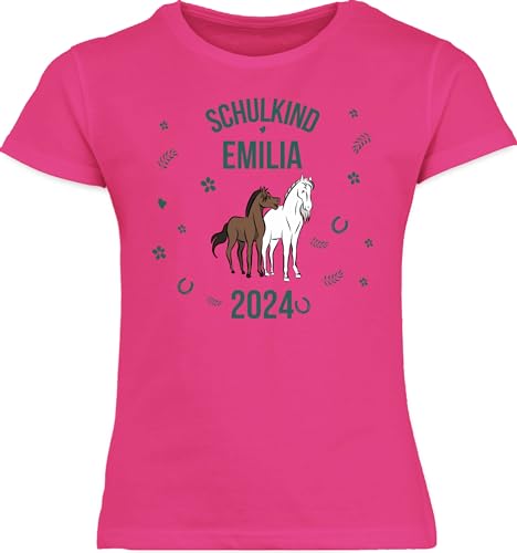 T-Shirt Mädchen - Einschulung - Schulkind 2024 - Name und Pferde - 116 (5/6 Jahre) - Fuchsia - Shirt schulanfänger First Day of School Tshirt personalisiertes Schulanfang Schule Pferd kindershirts von Geschenk mit Namen personalisiert by Shirtracer